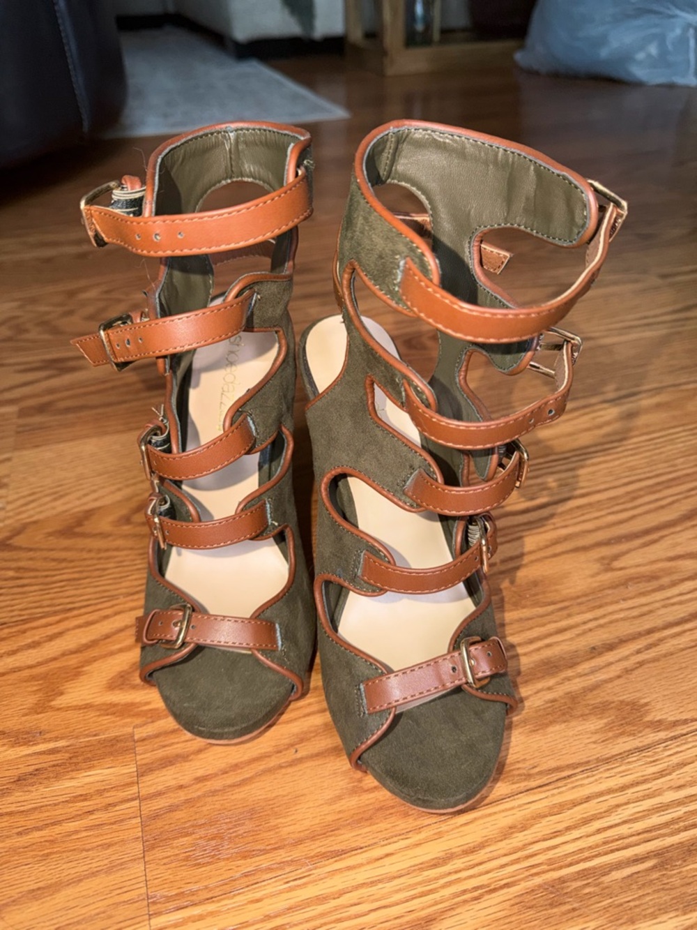 Olive Green Strappy Gladiator Heels with Brown Trim